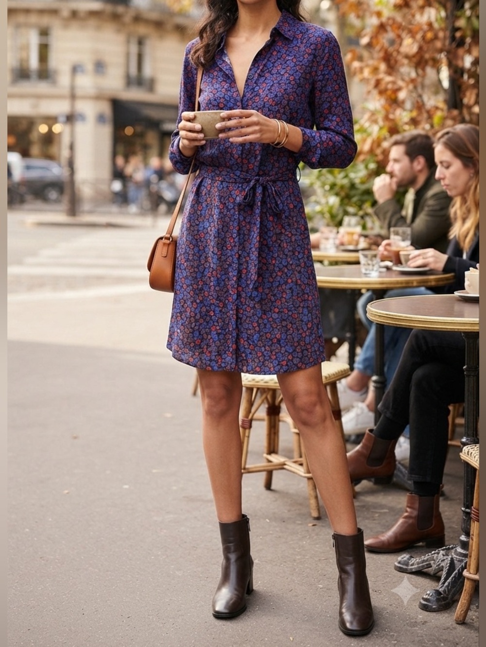 Free Assembly Blue Red Floral Shirt Dress Long Sleeve Tie Waist Mini L❤️